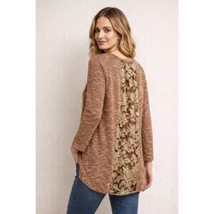 LOGO Lori Goldstein XL Marled Knit Top Sequin Lace Back Lagenlook Tunic Brown